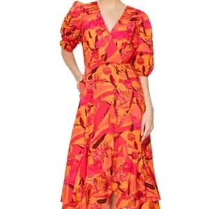 Melloday Orange Pink Floral Puff Sleeve High Low Maxi Dress CED230657-NF XS